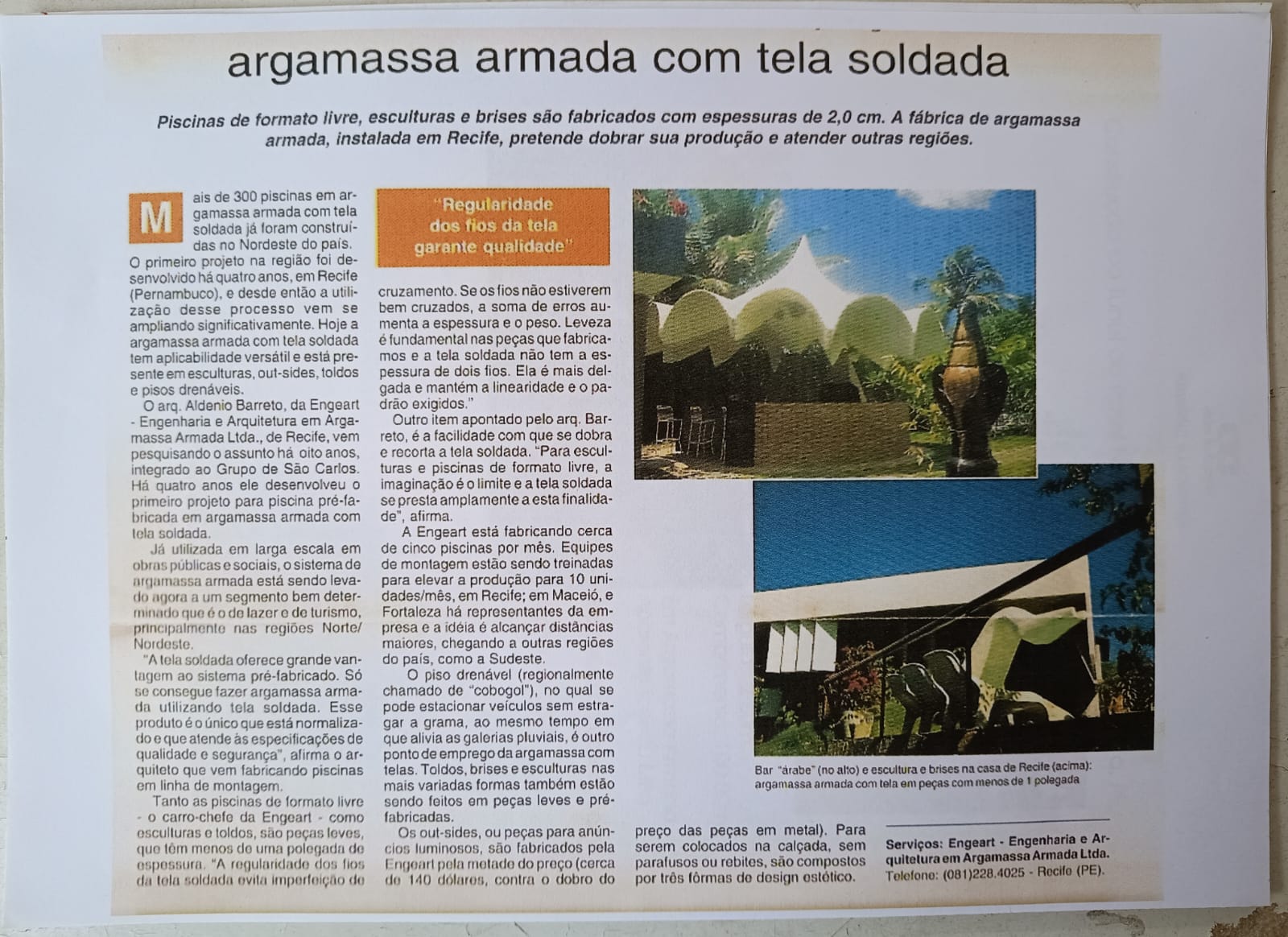 Recorte de jornal sobre as obras em argamassa armada com tela soldada de Aldenio Barreto