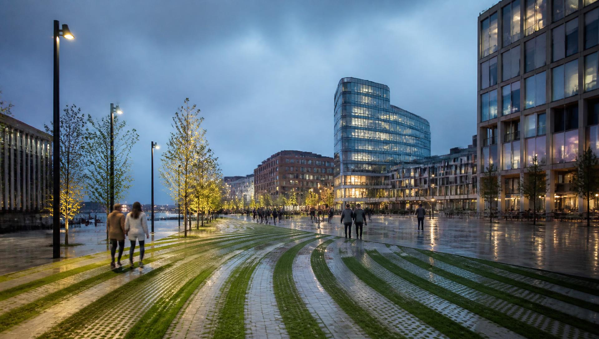 Praça urbana contemporânea com faixas de pavimento gramado permeável e pedestres ao entardecer